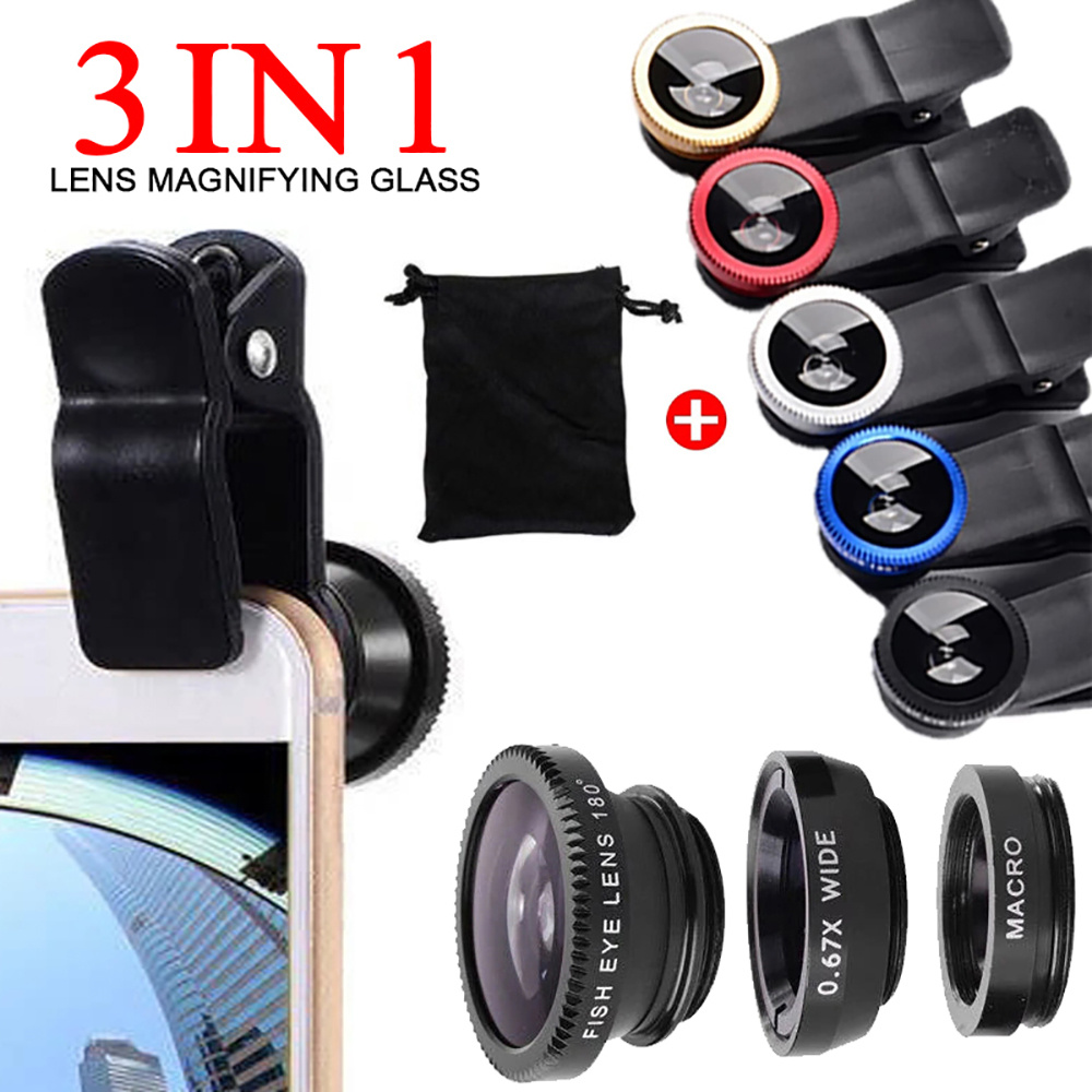 Lens Camera Clip - ユニバーサル3in1魚眼レンズ 広角マクロフォン魚眼レンズ ズームカメラキット iPhone、Samsung、Xiaomi対応 スマホクリップ付き