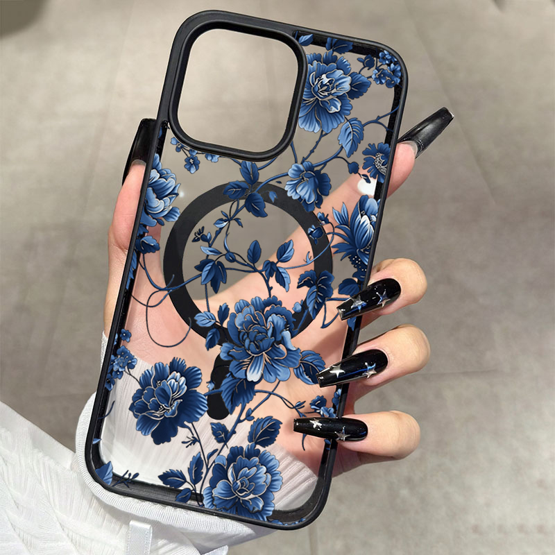 Phone Accessories Magnetic - 高級ヴィンテージブルーフローラルマグネット式iPhoneケース（iPhone 17、16、15 Pro Max、14 Plus、13、12、11、16 Pro、16E、17E対応）耐衝撃カバー