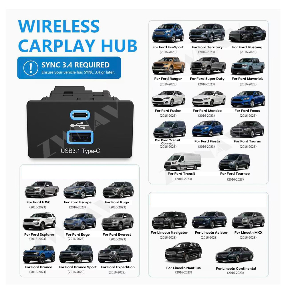 Usb C Hub - フォード・リンカーン SYNC 3.4 2016-2023用ワイヤレスCarPlay Android Autoアダプター