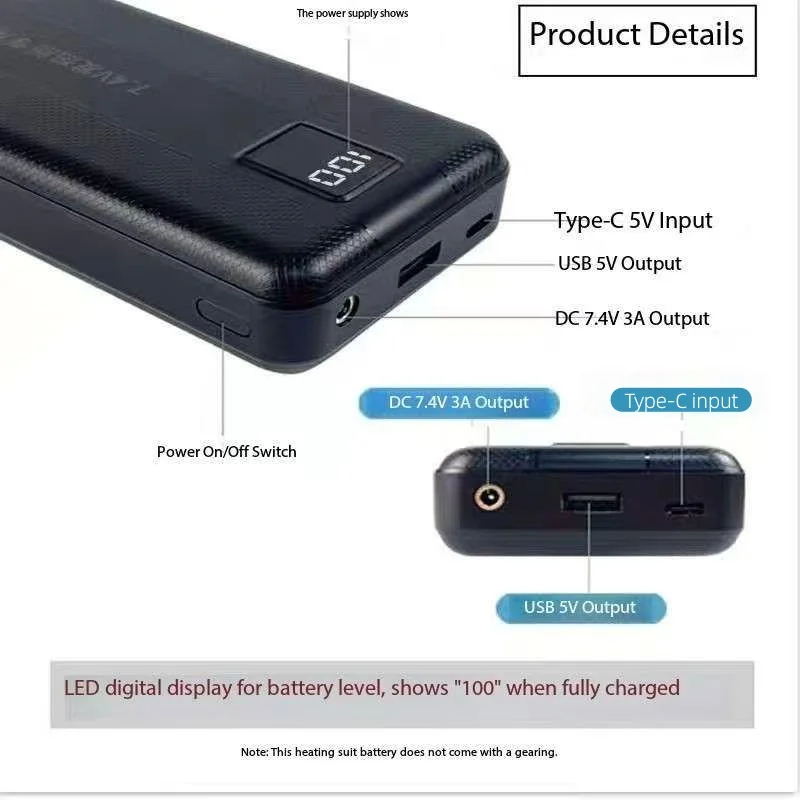 Portable Charger 20000Mah - 新型大容量7.4V/3A/16000mAh/20000mAhモバイルバッテリー、高電流加熱バッテリー、電熱ダウンジャケット、ベスト、加熱スカーフ用