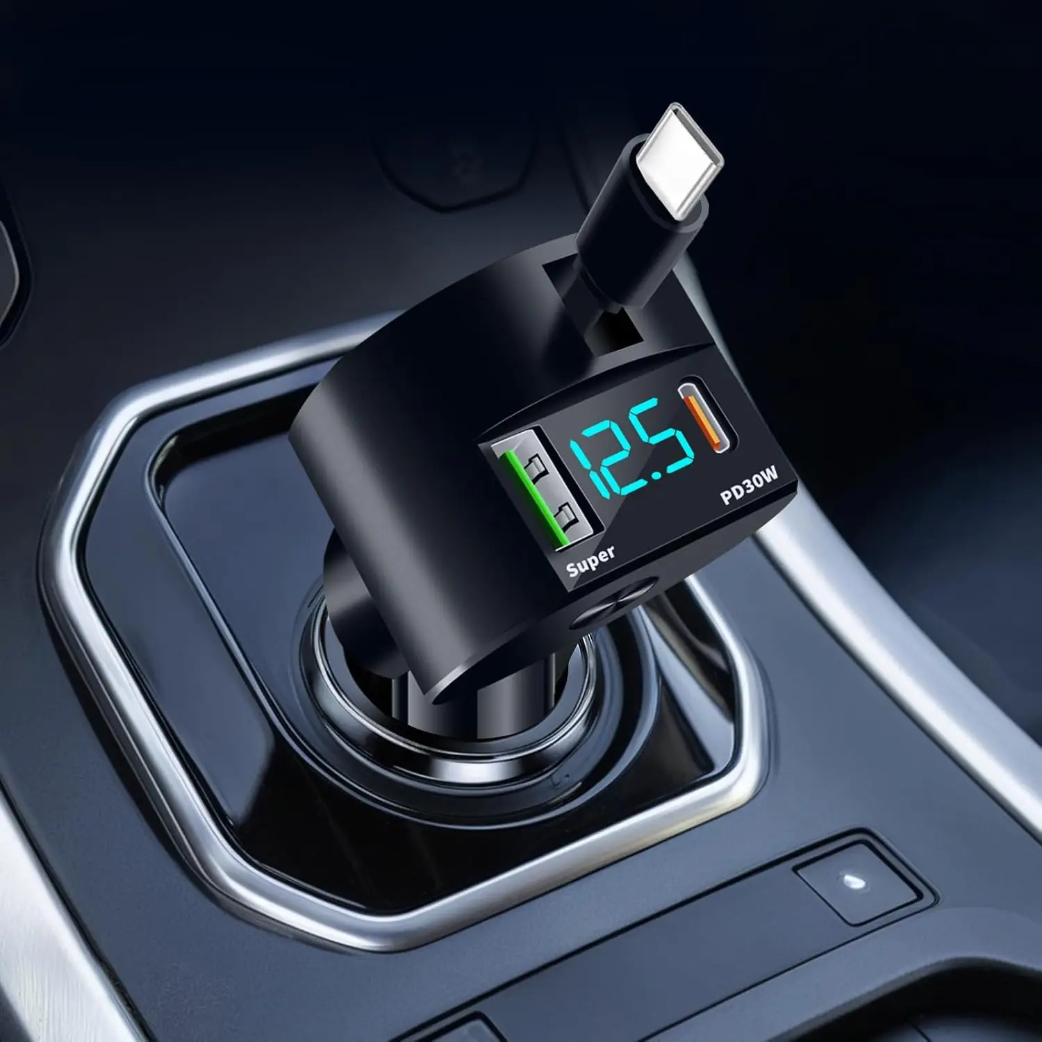 Fast Charging Cable - アップグレードされた格納式カーチャージャー 3 in 1、69W急速充電 PD30W+2.4A 電圧表示