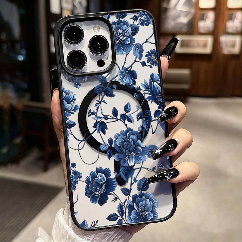 高級ヴィンテージブルーフローラルマグネット式iPhoneケー - Phone Accessories Magnetic のレビューと価格