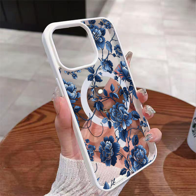 高級ヴィンテージブルーフローラルマグネット式iPhoneケー - Phone Accessories Magnetic のレビューと価格