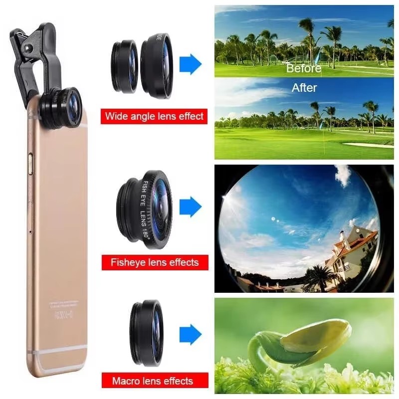 3in1モバイルフォン用魚眼レンズ 0.67X広角マクロレン - Lens Camera Clip のレビューと価格