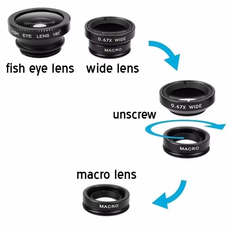 3in1モバイルフォン用魚眼レンズ 0.67X広角マクロレン - Lens Camera Clip のレビューと価格
