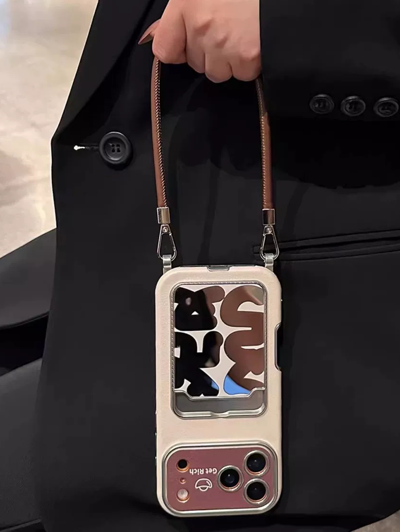 高級レザーミラーカードホルダー付きリストストラップ付きiPh - Phone Accessories Hippers のレビューと価格