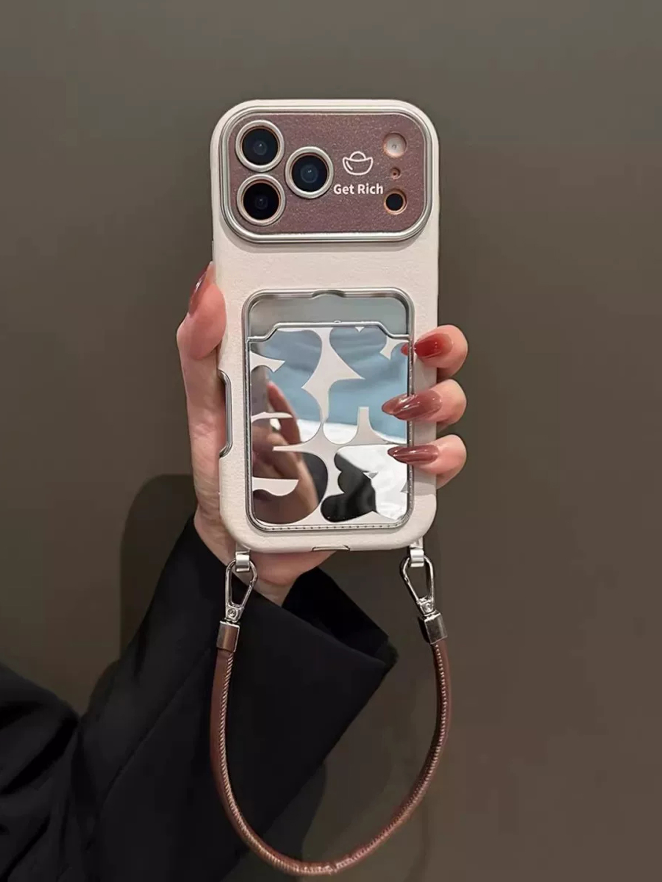 高級レザーミラーカードホルダー付きリストストラップ付きiPh - Phone Accessories Hippers のレビューと価格
