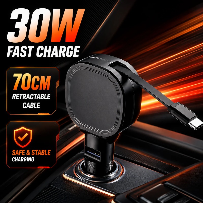 30W PDカーチャージャー、70cmの巻き取り式USB C - Fast Charging Cable のレビューと価格