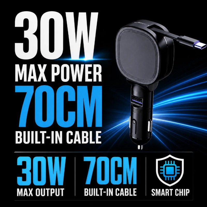 30W PDカーチャージャー、70cmの巻き取り式USB C - Fast Charging Cable のレビューと価格